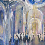 A powerful depiction of a Jewish congregation standing together in prayer, voices rising in unison. The figures are immersed in song, their expressions filled with devotion, as the ancient melodies connect them to generations past. The warm glow of the Beit Knesset enhances the atmosphere of unity and tradition, capturing the timeless bond that links Jewish communities across the world.