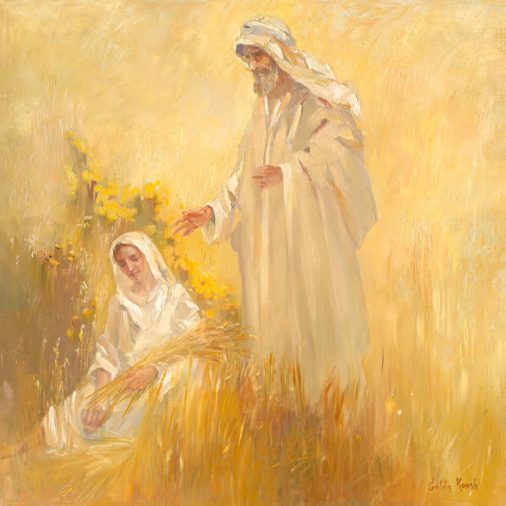 A tender and radiant depiction of the encounter between Ruth and Boaz, set in a sunlit field. The soft, ethereal glow of the colors evokes a sense of joy and hope. Ruth, humble yet radiant, gathers golden sheaves, while Boaz admires her with kindness. Their connection, blossoming amidst the fields, symbolizes love, loyalty, and the promise of new beginnings. The painting captures the warmth and beauty of their fateful moment, celebrating the unfolding of destiny.