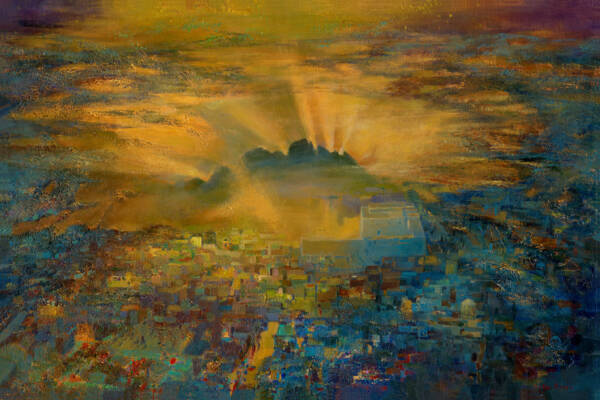A serene sunrise over Jerusalem, with golden light spilling over Har HaBayit, illuminating the sacred site. The painting captures the deep spiritual connection between the city and Jewish heritage, evoking a sense of divine presence. The warm light reflects the profound history and legacy of Jerusalem, offering a visual representation of the city's significance and its special place in the Jewish soul.