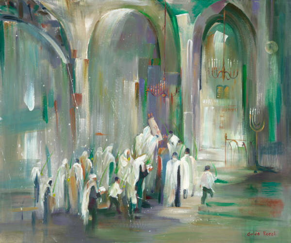 "A congregation stands together inside a synagogue, lifting the Torah high above them. The Torah glows softly at the center of the scene, symbolizing the deep respect and connection between the Jewish community and its sacred traditions. The act of raising the Torah reflects both the uplifting of spirits and reverence for its timeless wisdom, capturing a moment of unity, faith, and shared devotion.