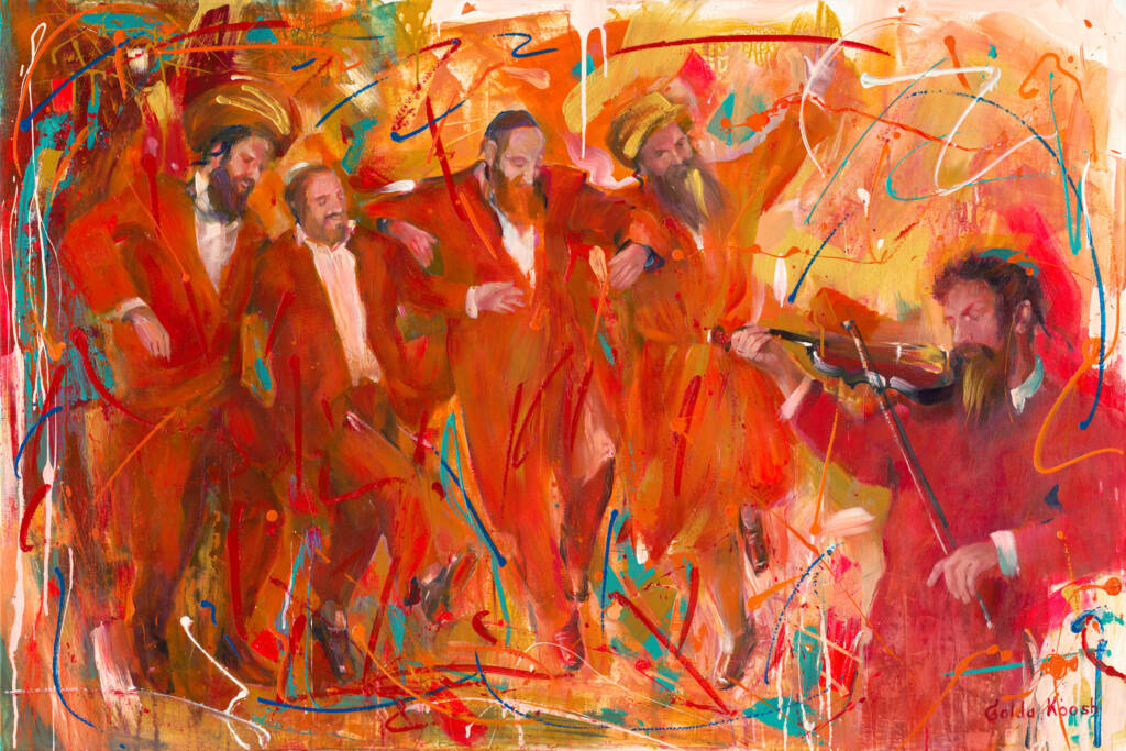 A vivid red-hued painting capturing the passionate energy of klezmer music. Musicians play clarinets, violins, and accordions with expressive intensity, their movements alive with rhythm. The bold strokes of red reflect the fiery spirit of the melodies, evoking a sense of celebration, nostalgia, and deep emotional connection to Jewish heritage.