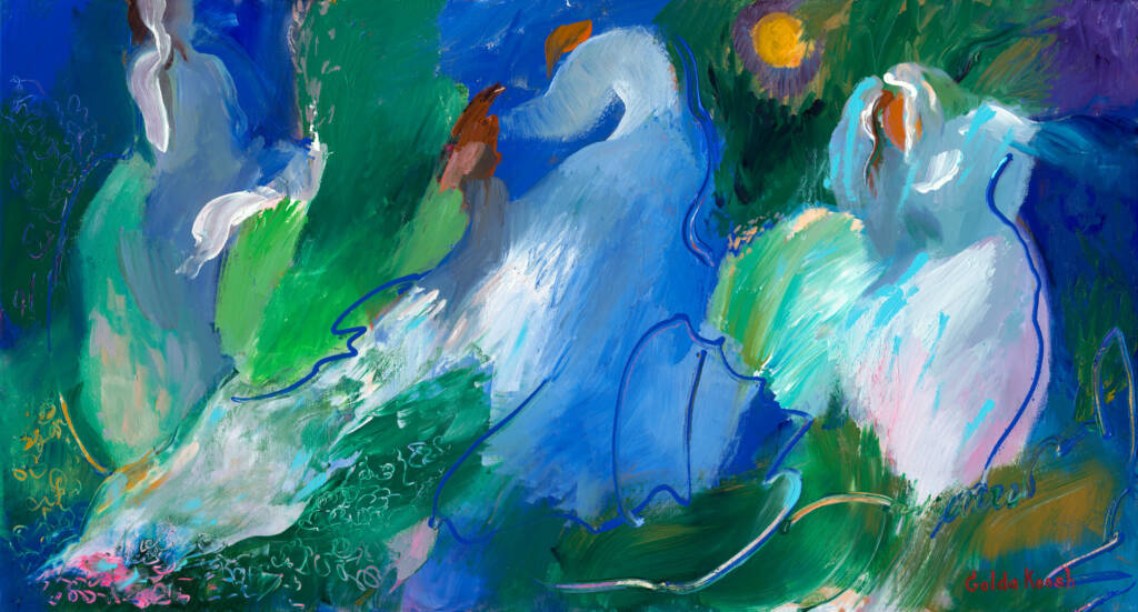 A vibrant depiction of Jewish women dancing joyfully with the bride on her wedding day. The scene is filled with movement, as each figure swirls and spins, their flowing dresses creating a sense of unity and celebration. The energy and connection between the women convey a lively, spirited moment of pure joy and community.