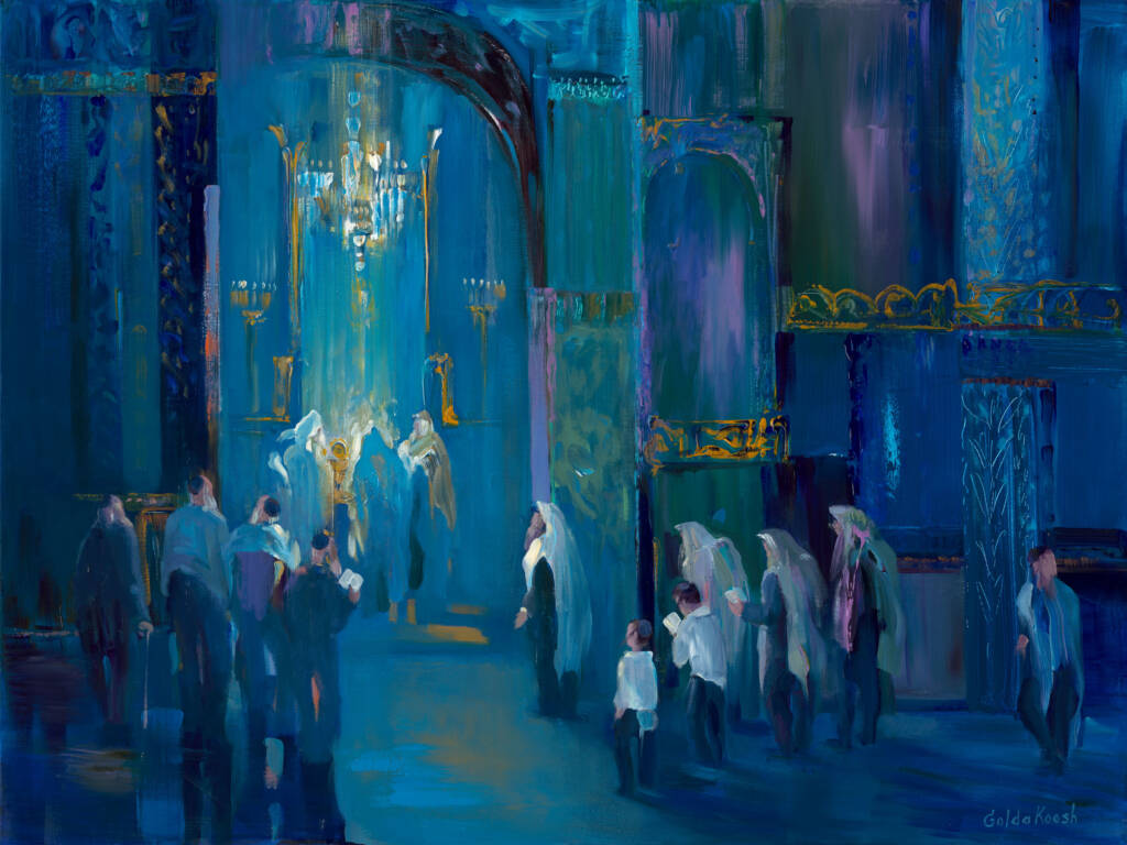 A serene depiction of a sacred synagogue, bathed in deep, calming shades of blue. The painting evokes tranquility and spiritual purity, capturing the divine and infinite presence within the place of worship. The soft blue tones symbolize peace and introspection, reflecting the profound connection between the Jewish people and their spiritual home.