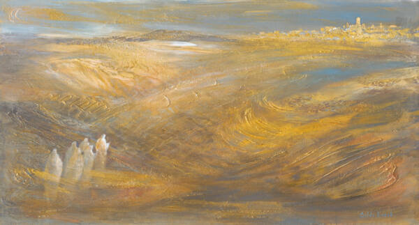 A powerful depiction of the ancient Israelites journeying through the desert toward the Land of Milk and Honey. The scene captures the resilience and faith of the travelers, with their eyes set on the promise of a land of abundance. The warm, dusty landscape evokes both the physical and spiritual challenges of their trek, symbolizing the deep connection to a dream and the anticipation of reaching a long-awaited destination.