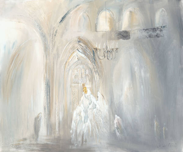 A serene depiction of a synagogue painted entirely in white, symbolizing purity, light, and holiness. The soft, ethereal tones create a tranquil atmosphere, evoking a sense of divine presence. The sacred space feels almost weightless, as if enveloped in heavenly light, inviting introspection and spiritual connection.