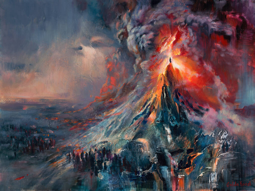 A dramatic portrayal of Mount Sinai, glowing with divine light and surrounded by thunderous clouds, as Moses stands at its peak receiving the Ten Commandments. The Israelites are gathered below, gazing up in reverence and anticipation at the powerful moment of divine revelation. The painting captures the grandeur and spiritual intensity of the scene, symbolizing the eternal covenant between G-d and the Jewish people.
