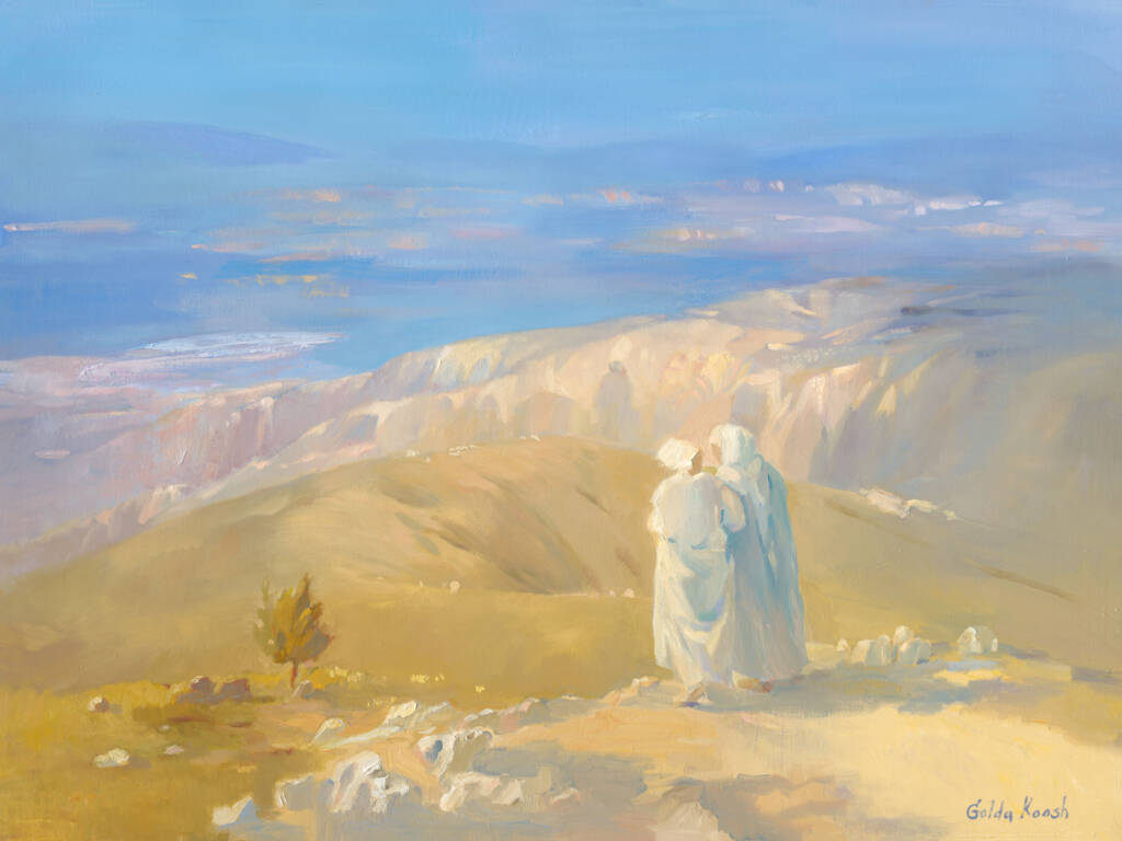 Naomi and Ruth standing together watching the hills below them