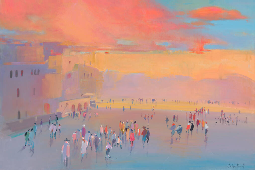 Crowd of people walking with buildings to the left of the image with vibrant sunset colors
