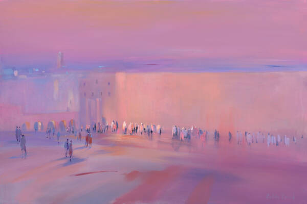 Crowd of people walking through the Kotel captures a serene and peaceful moment as the sun sets, casting a soft pink glow over the scene