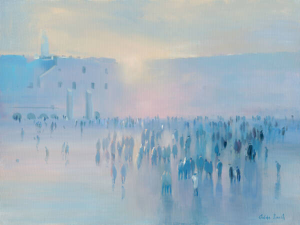 Crowd of people in Jerusalem, old city with sunrise behind tall building in background