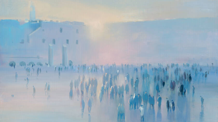 Crowd of people in Jerusalem, old city with sunrise behind tall building in background