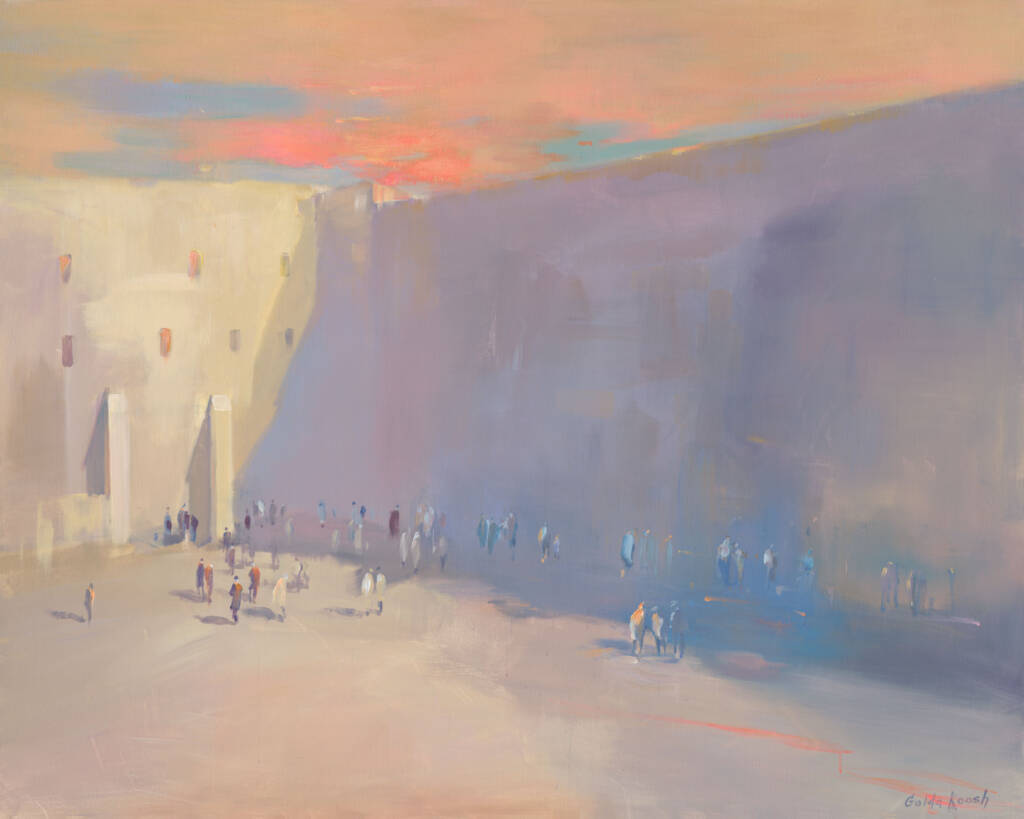 Early morning at the Kotel, bathed in the soft glow of dawn. The quiet stillness creates a serene atmosphere for reflection and prayer, as the first rays of sunlight illuminate the sacred stones, enhancing the profound sense of spirituality.