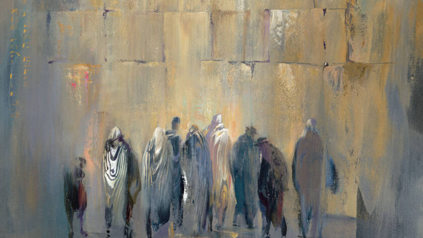 Painting of Jewish men praying at the Kotel, capturing the deep spiritual connection and timeless devotion of this sacred site. The artwork reflects the weight of history and the heartfelt prayers of those who seek closeness to God.