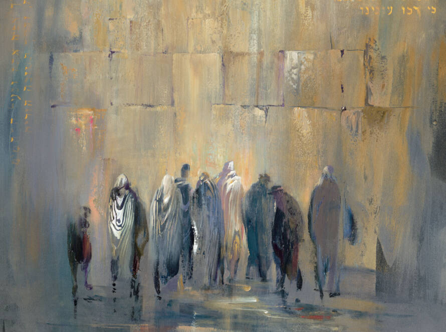 Painting of Jewish men praying at the Kotel, capturing the deep spiritual connection and timeless devotion of this sacred site. The artwork reflects the weight of history and the heartfelt prayers of those who seek closeness to God.