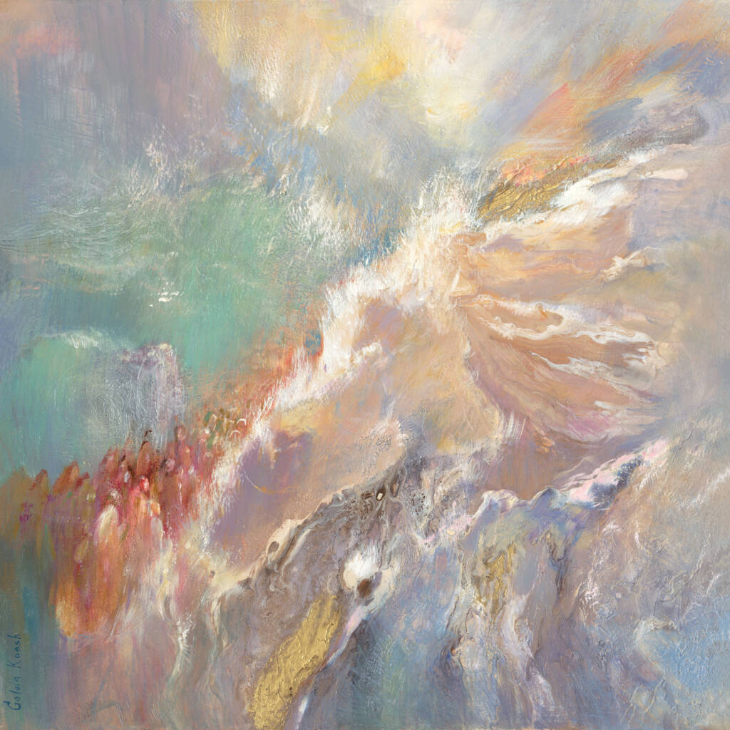 Painting of the Israelites crossing the Red Sea, featuring a soft, abstract blend of colors that evoke awe and wonder. The artwork creates a dreamlike atmosphere while revealing details of the journey toward freedom, inviting viewers to connect with the story’s spiritual depth.