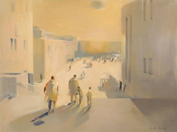 "Painting of the Kotel in the distance, with a group of Hasidim descending the steps toward prayer. The scene is bathed in warm yellows and golds, creating an atmosphere of serenity and devotion. Sunlight casts a golden glow, enhancing the sacred energy of the moment.