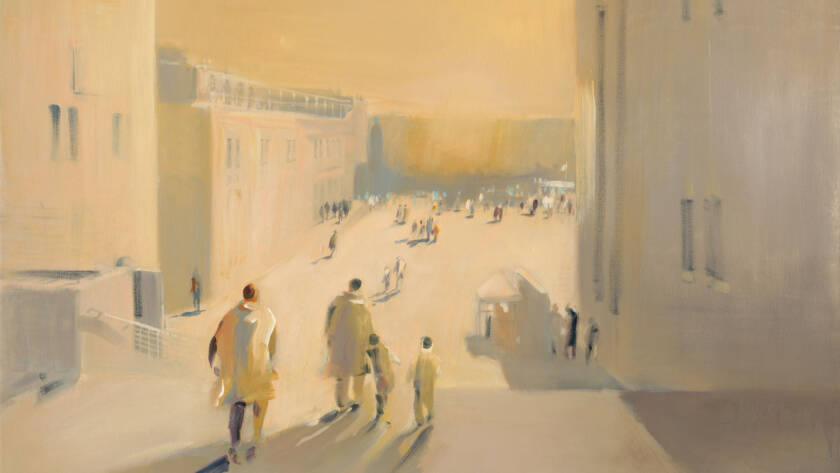"Painting of the Kotel in the distance, with a group of Hasidim descending the steps toward prayer. The scene is bathed in warm yellows and golds, creating an atmosphere of serenity and devotion. Sunlight casts a golden glow, enhancing the sacred energy of the moment.
