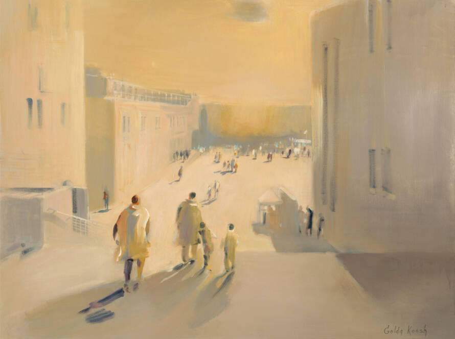 "Painting of the Kotel in the distance, with a group of Hasidim descending the steps toward prayer. The scene is bathed in warm yellows and golds, creating an atmosphere of serenity and devotion. Sunlight casts a golden glow, enhancing the sacred energy of the moment.