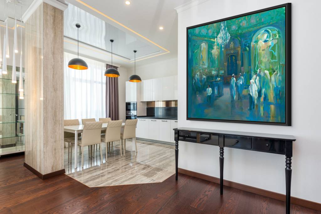 Painting of a serene Shul interior, enveloped in calming shades of blue and green, evoking the tranquility of water. The artwork captures the peaceful atmosphere, inviting introspection and prayer, celebrating sacred moments of spirituality and connection.