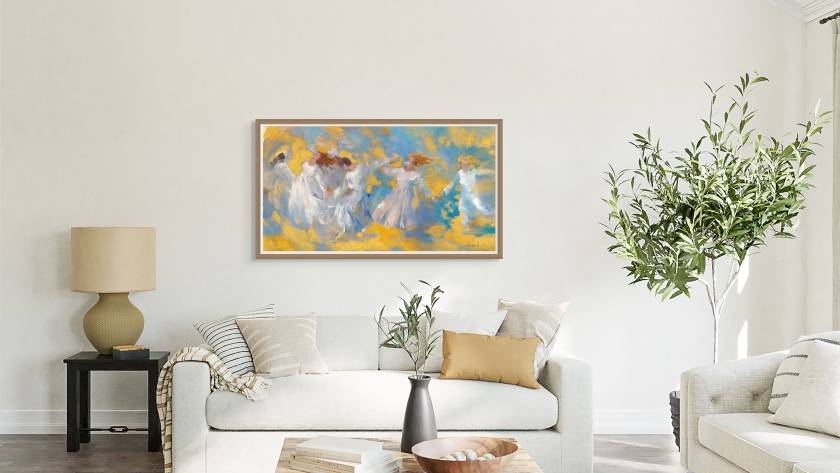 Mockup of a painting depicting young Jewish girls dancing joyously in blooming vineyards on Tu B'Av, the Jewish holiday of love. The scene captures the festive, enchanting atmosphere of the ancient tradition, with girls twirling and laughing among the vines, embodying the beauty, love, and shared joy of the holiday. The painting evokes a sense of celebration and connection, highlighting the timeless spirit of Tu B'Av.