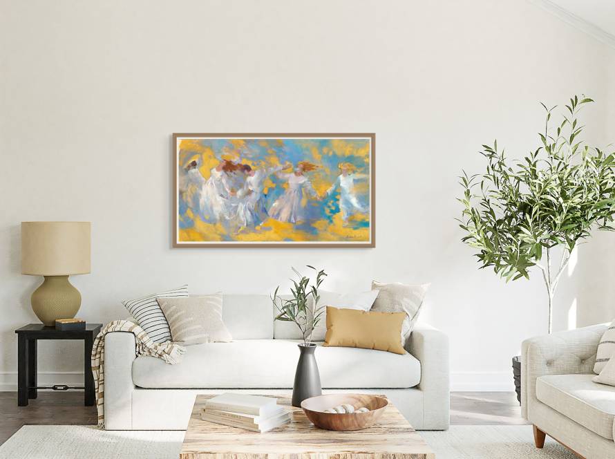 Mockup of a painting depicting young Jewish girls dancing joyously in blooming vineyards on Tu B'Av, the Jewish holiday of love. The scene captures the festive, enchanting atmosphere of the ancient tradition, with girls twirling and laughing among the vines, embodying the beauty, love, and shared joy of the holiday. The painting evokes a sense of celebration and connection, highlighting the timeless spirit of Tu B'Av.