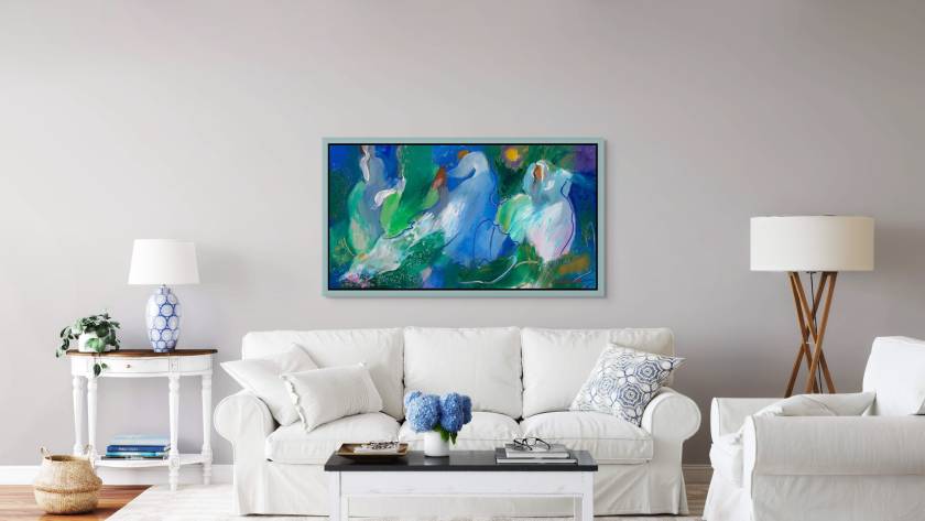 Painting of Jewish women dancing with the bride on her wedding day, capturing the exuberant joy and unity of the celebration. The lively movement of the figures and flowing dresses convey a sense of connection, happiness, and the vibrant spirit of this special moment.