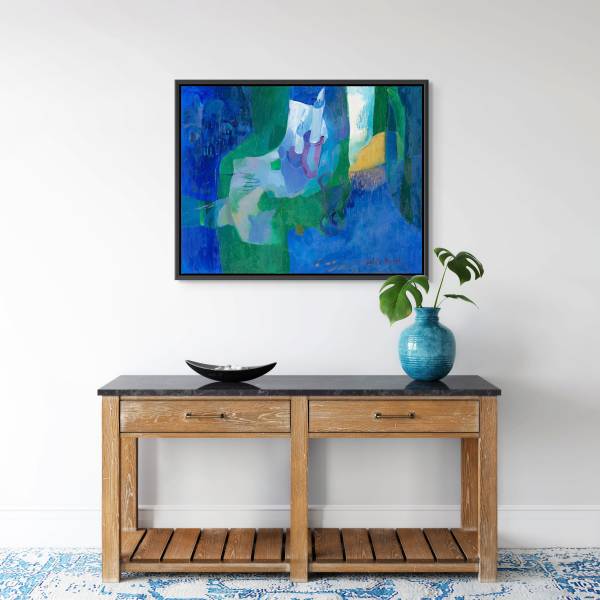 Mockup of a painting of a Shabbat setting with challah, a kiddush glass, and two decorations. The table is set with a sense of tranquility and joy, reflecting the anticipation of the meal.