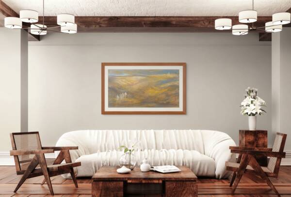 Mockup of a painting in a room depicting the Israelites journeying through the desert toward the Land of Milk and Honey. The artwork conveys the profound resilience, faith, and hope of the Israelites, capturing the anticipation of reaching their promised destination. Displayed in a room, the piece reflects the spiritual and emotional growth of the journey.