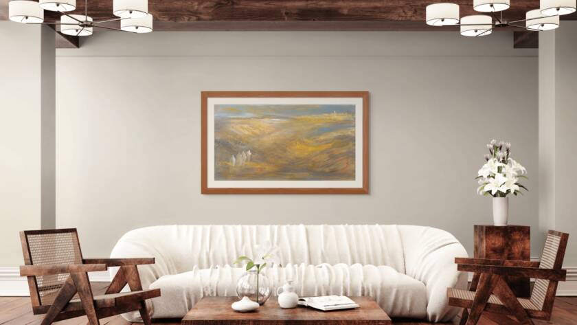 Mockup of a painting in a room depicting the Israelites journeying through the desert toward the Land of Milk and Honey. The artwork conveys the profound resilience, faith, and hope of the Israelites, capturing the anticipation of reaching their promised destination. Displayed in a room, the piece reflects the spiritual and emotional growth of the journey.