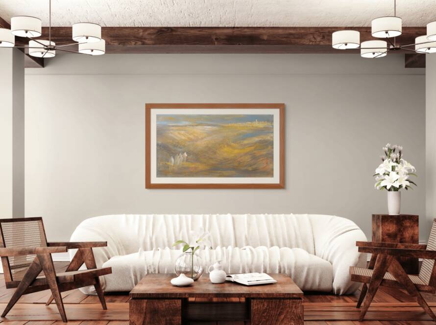 Mockup of a painting in a room depicting the Israelites journeying through the desert toward the Land of Milk and Honey. The artwork conveys the profound resilience, faith, and hope of the Israelites, capturing the anticipation of reaching their promised destination. Displayed in a room, the piece reflects the spiritual and emotional growth of the journey.