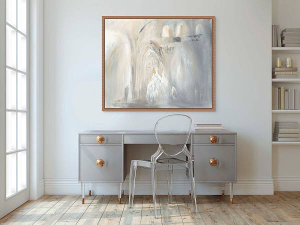 This serene painting of a synagogue in pure white infuses the room with a sense of tranquility and holiness. The minimalist palette envelops the space in a peaceful ambiance, where the white walls seem to shimmer with divine light. Positioned in a soft, sunlit corner, the painting becomes a meditation point, inviting reflection and quiet reverence. Its simplicity and purity invite the viewer to pause and connect with the spiritual essence it conveys, making the room feel like a sacred space where the physical and the spiritual beautifully meet.