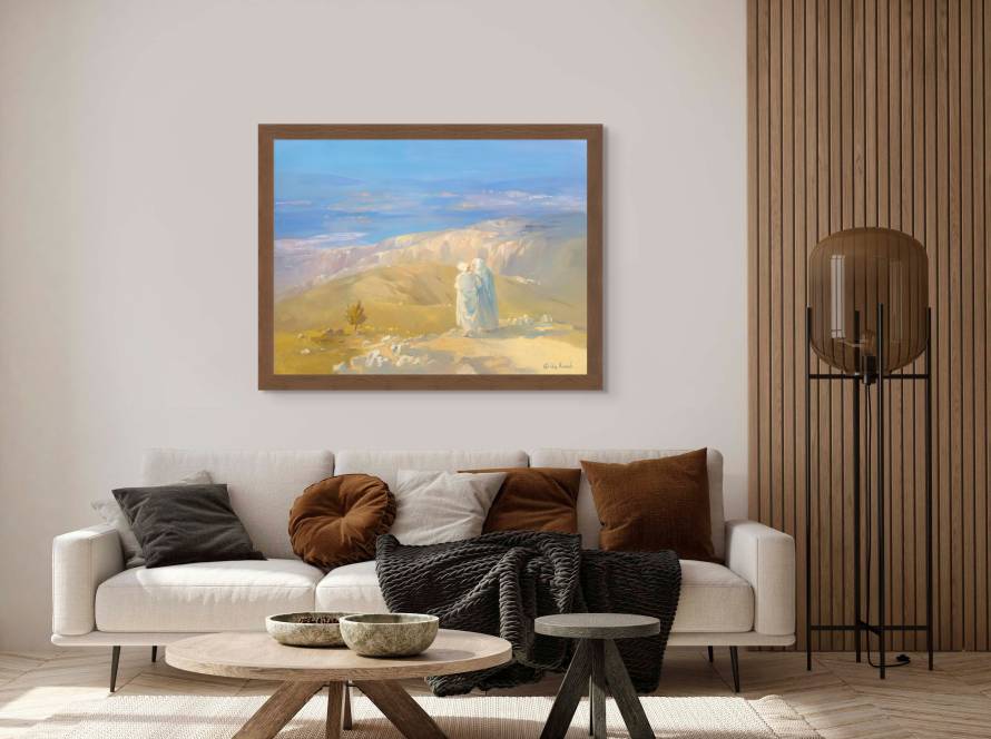 Mockup of "Naomi and Ruth Looking Towards a Bright Future" in a room with a coffee table and sofa behind it, the painting is hanging on a wall with a brown frame, whole room is coffee color themed