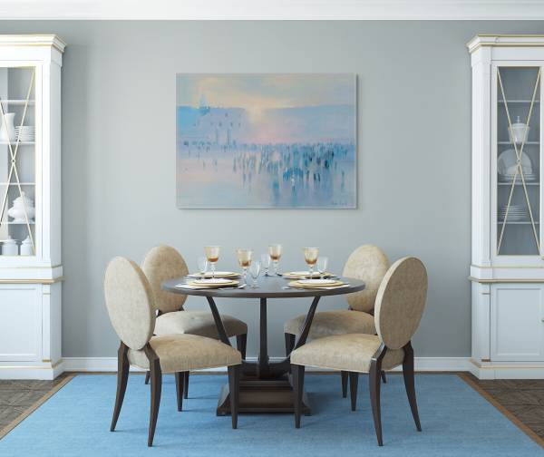 Mocup of "Sacred Morning Light Over Jerusalem" in a kitchen with two cabinets on the right and left side with kitchen table with plates and glasses setup in the middle