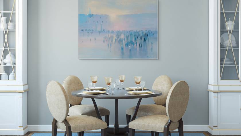 Mocup of "Sacred Morning Light Over Jerusalem" in a kitchen with two cabinets on the right and left side with kitchen table with plates and glasses setup in the middle