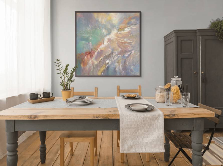 Mocku of "The Journey to Freedom - The Israelites Crossing the Red Sea" behind a dinning room table setup for making home made food. The floor, table and furniture are made out of light wood