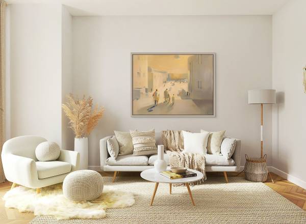 Mockup of "On the Way to the Kotel" in a coffee color themed room with a sfoa below the painting, couch on the left and coffie table in the middle