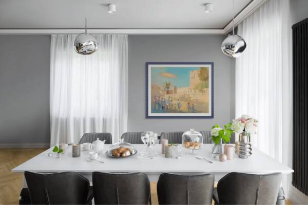 Mockup of "On the Way to the Kotel in Jerusalem" in a modern dinning room with silver theme chairs walls and decorations