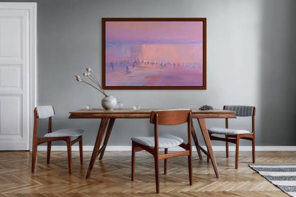 Mockup "A Sacred Sunset at the Wailing Wall in Jerusalem" in front of a wooden kitchen table with decorations and coffee cups on top