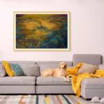 Mockup of a painting featuring a sunrise over Jerusalem, with golden light illuminating Har HaBayit. The artwork is displayed in a beautifully styled room, enhancing the space with its warm tones and spiritual significance.
