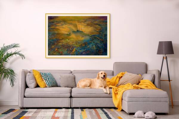 Mockup of a painting featuring a sunrise over Jerusalem, with golden light illuminating Har HaBayit. The artwork is displayed in a beautifully styled room, enhancing the space with its warm tones and spiritual significance.