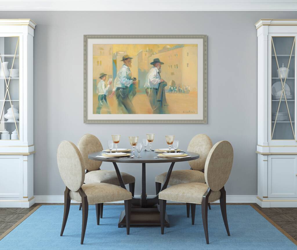 A painting of three hasidic men walking to the Kotel is famed on the wall above a dining room table. The scene depicts a Jewish home where they value investing in Judaica art.