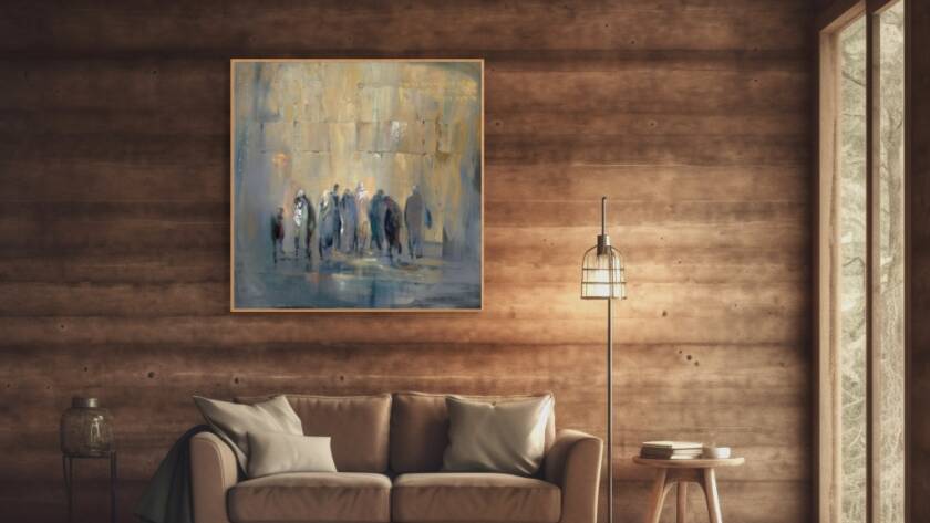 Mockup of "The Kotel - the Heart of Jerusalem and Her People" in a wooden cabin with brown couch and lamp between the couch and small wooden stool