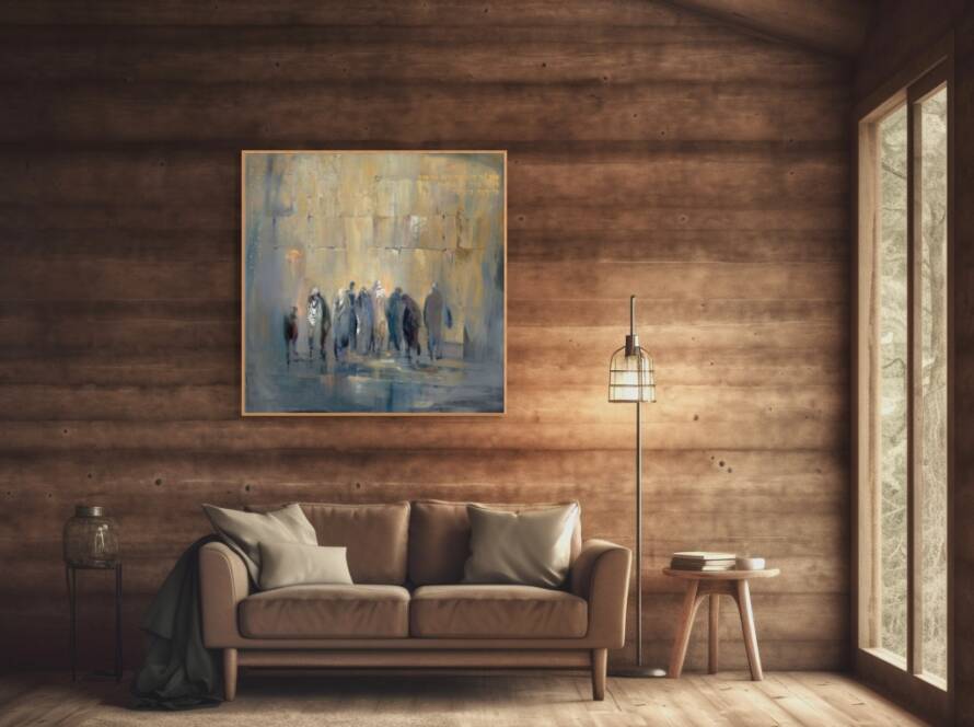 Mockup of "The Kotel - the Heart of Jerusalem and Her People" in a wooden cabin with brown couch and lamp between the couch and small wooden stool