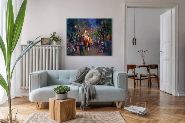 Mockup of "Simchat Beit Hashoevah: A Night of Joy" in a room next to a radiator and above a sofa with an opened door on the right of the painting