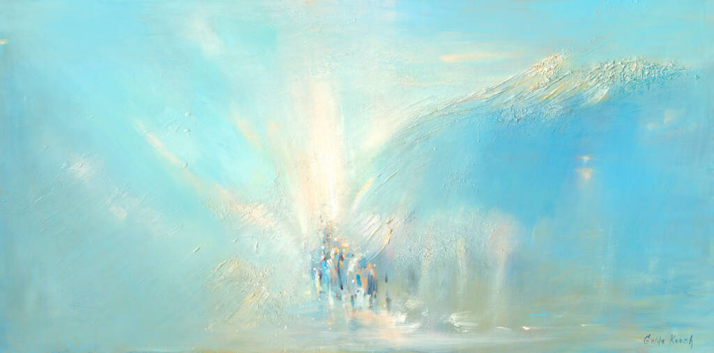 Painting depicting the parting of the sea, with soft blues symbolizing faith, freedom, and the Jewish people's journey to the Promised Land.