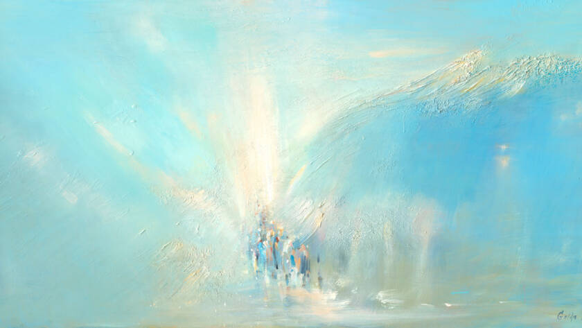 Painting depicting the parting of the sea, with soft blues symbolizing faith, freedom, and the Jewish people's journey to the Promised Land.