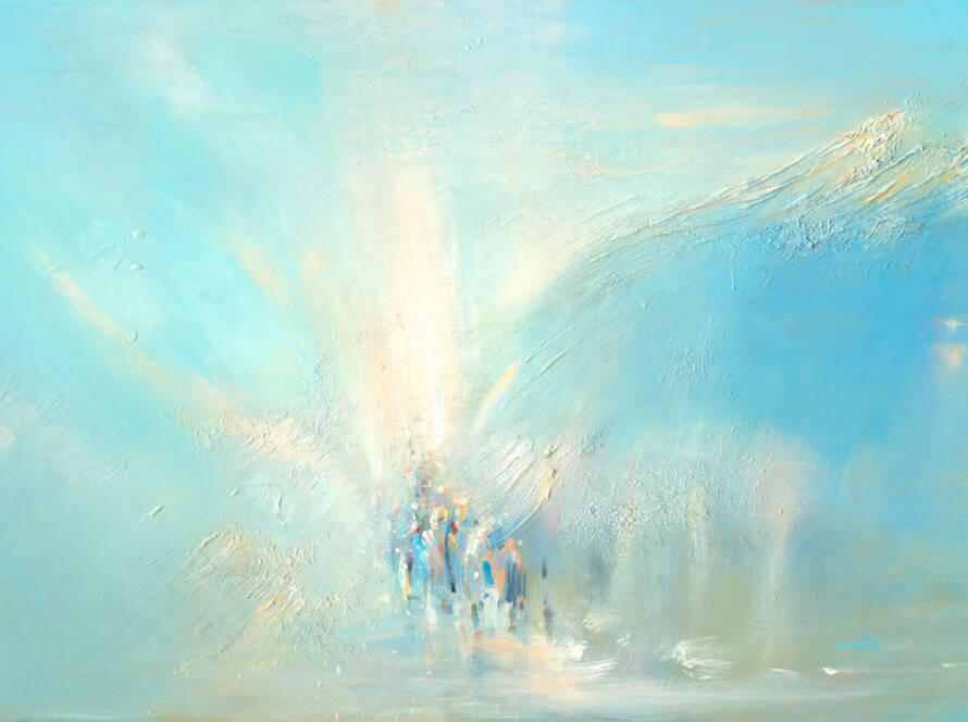 Painting depicting the parting of the sea, with soft blues symbolizing faith, freedom, and the Jewish people's journey to the Promised Land.