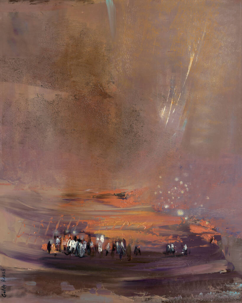 Painting of Jewish people praying under Israel’s open sky, symbolizing faith, resilience, and protection by the Iron Dome.