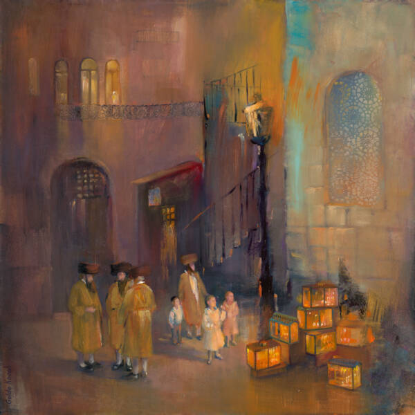 Painting of Hasidic men in Jerusalem illuminated by Hanukkah candlelight, symbolizing faith, resilience, and the celebration of light over darkness.