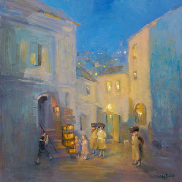 Painting of Hasidic Jews and children lighting a menorah in Jerusalem at sunset, symbolizing faith, tradition, and resilience.
